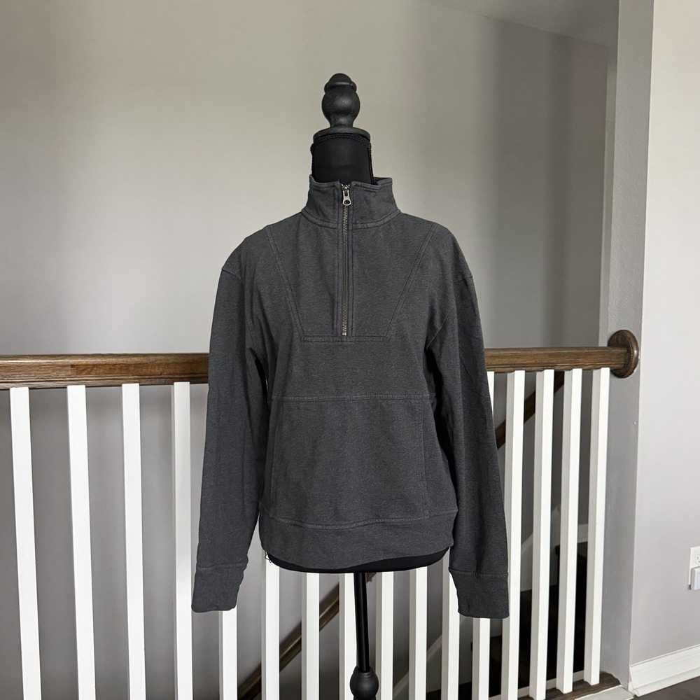 PACT Organic Cotton 1/4 Zip Pullover Sweatshirt Gray Small High Neck Thumbholes